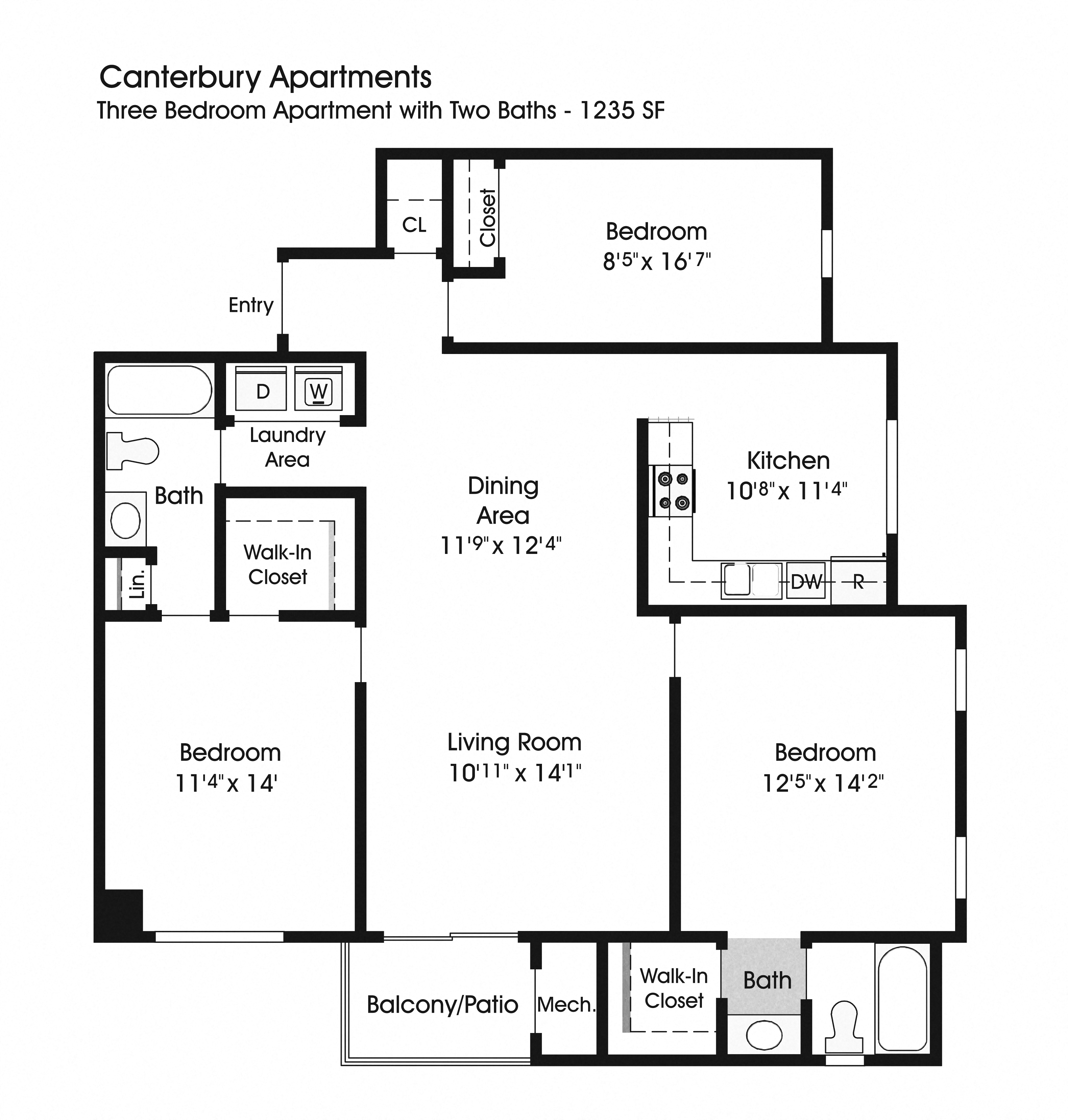 Floor plan for 3 beds, 2 baths, 1235 sqft